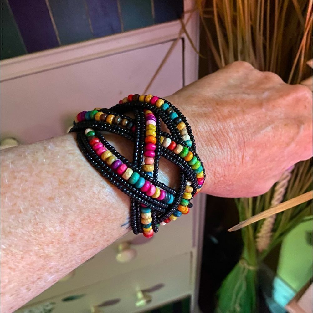 Multi Color Glass Bead & Wooden Beaded Cuff Bracelet
Adjustable